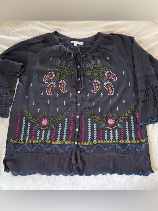 Tops - Karen Seo Boho Embroidered Peasant Top with Multicolor Floral XL